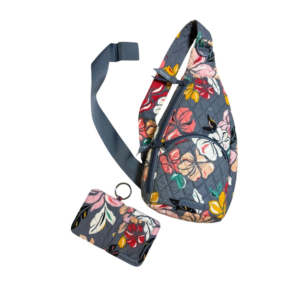 Vera Bradley Quilted Cotton Sling Backpack and Wallet Set Tropical Floral Gray